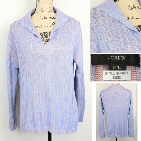 J Crew Relaxed Cotton Linen Blend Sweater Women Size M/L Collared Blue Pink Knit - Picture 1 of 14